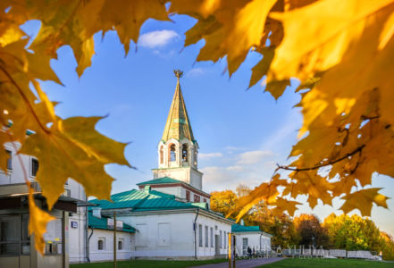 Золотые осенние листья и Передние ворота, парк Коломенское, Москва