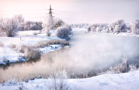 Зимний пейзаж с рекой и заснеженными деревьями