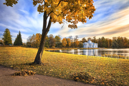 Павильон Грот среди золотых осенних деревьев, Царское Село, Санкт-Петербург