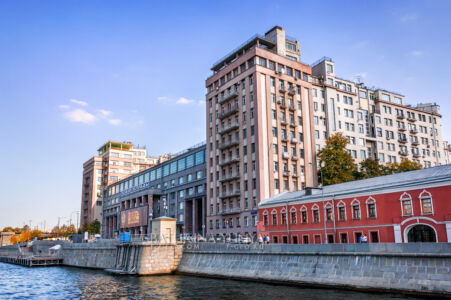 Moscow river from the side of the ship, House on the Embankment,